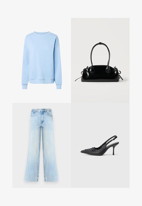 Sweat-shirt bleu clair à manches longues avec col rond, poignets et ourlet côtelés, présenté sur fond blanc.; Jean large bleu clair à taille haute, passants de ceinture tressés, bouton frontal, fermeture éclair et deux poches sur fond blanc.; Escarpin en cuir noir à talon aiguille avec un bout pointu, une bride latérale à boucle, des clous le long du bord et un laçage décoratif à l'avant.; Petit sac à main noir brillant avec deux longues anses et des détails à cordon sur les côtés sur un fond clair uni.
