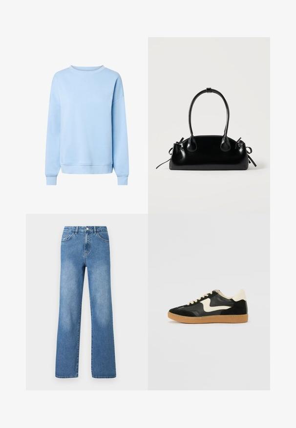 Sweat-shirt bleu clair à manches longues avec col rond, poignets et ourlet côtelés, présenté sur fond blanc.; Jeans en denim bleu clair avec une taille haute, un design à jambes larges, cinq poches et des détails de couture visibles. Texture lisse avec un léger délavage.; Baskets en daim et cuir noir avec un swoosh latéral crème et un talon crème clair. Dotées de lacets beige et d'une semelle en caoutchouc gomme.; Petit sac à main noir brillant avec deux longues anses et des détails à cordon sur les côtés sur un fond clair uni.