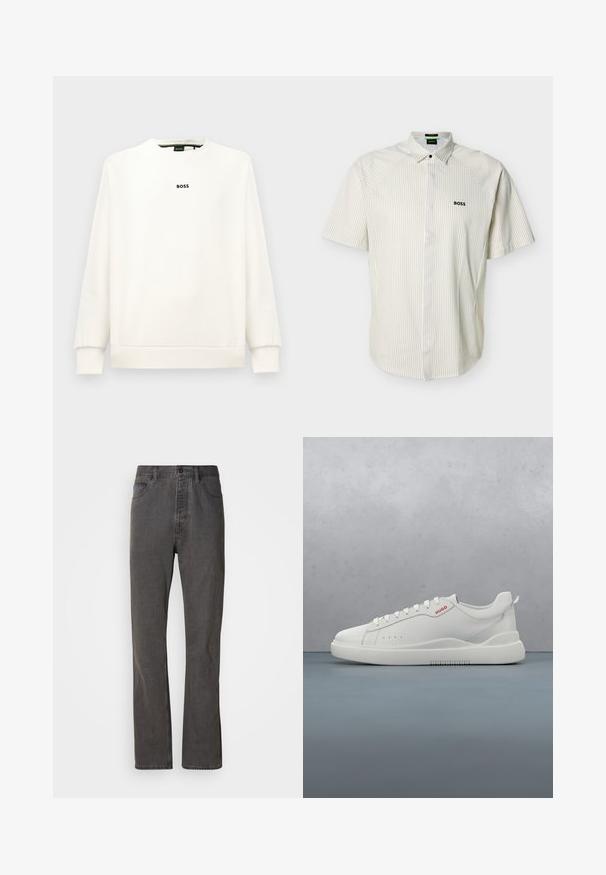 Witte sweatshirt met een ronde hals, lange mouwen, ribbelboorden en -zoom. Voorzien van een klein zwart 'BOSS' logo op de borst. Glad textuur.; Korte mouwen hemd met kraag, beige strepen, knoopsluiting en een "BOSS"-logo geborduurd op de linkerborst.; Grijze spijkerbroek met een rechte pijp, voorzien van voorzakken, een knoopsluiting en een subtiele textuur.; Witte sneaker met een gladde leren afwerking, ronde neus, vier veterogen, subtiele perforaties en een rood logo detail aan de zijkant.