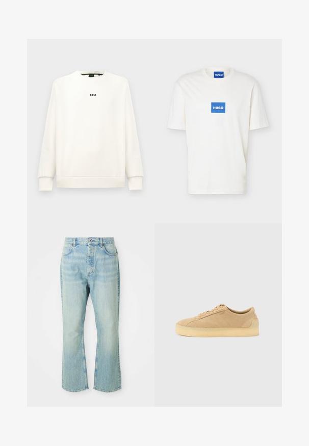 Weißes Sweatshirt mit Rundhalsausschnitt, langen Ärmeln, gerippten Bündchen und Saum. Mit einem kleinen schwarzen „BOSS“-Logo auf der Brust. Glatte Textur.; Weißes T-Shirt mit kurzen Ärmeln und Rundhalsausschnitt, mit einem blauen rechteckigen Logo mit der Aufschrift "HUGO" zentriert auf der Brust und im inneren Kragen.; Hellblaue, ausgestellte Jean mit hoher Taille, ausgestattet mit fünf Taschen, Gürtelschlaufen und einem ausgewaschenen Denim-Look.; Beiger Wildleder-Sneaker mit flacher Silhouette, dicker Kautschuksohle, Schnürverschluss und dezentem seitlichem Branding vor einem schlichten hellgrauen Hintergrund.