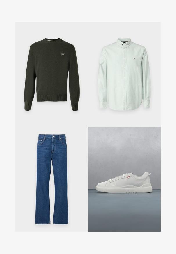 Suéter de punto verde oscuro con cuello redondo, puños y dobladillo acanalados, que presenta un pequeño logotipo bordado en el lado izquierdo del pecho. Textura suave.; Camisa de manga larga a rayas verde claro, con cuello button-down, presenta botones blancos y un pequeño logotipo en el pecho. Tejido de algodón suave.; Vaqueros de mezclilla azul con un diseño de pierna ancha, con un cierre clásico de botón y cremallera, y cinco bolsillos. Textura distintiva deslavada en todo el pantalón.; Zapatilla blanca con un acabado de cuero liso, punta redonda, cuatro ojales, perforaciones sutiles y un detalle de logo rojo en el lateral.