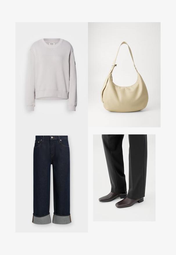 Lys grå sweatshirt med rund hals, lange ærmer, ribbede manchetter og en let cropped kant. Har diskret syning foran.; Mørkeblå jeans med vide ben og opbuk ved buksekanten, forrest med knap, lynlås og design med fem lommer på ensfarvet baggrund.; Mørkebrune lædersko med firkantet tå og kort blokhæl, båret med sorte skræddersyede bukser, der viser et slankt og poleret udseende.; Beige læder skuldertaske med en buet form, justerbar rem og præget logo detalje, der har en glat tekstur og minimalistisk design.
