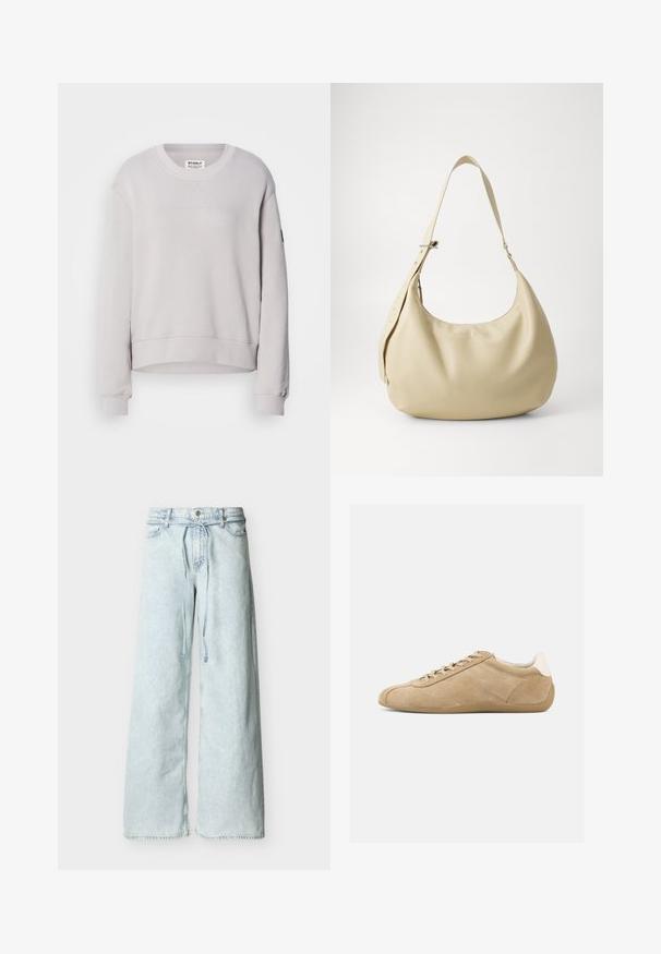 Lys grå sweatshirt med rund hals, lange ærmer, ribbede manchetter og en let cropped kant. Har diskret syning foran.; Lyseblå jeans med vide ben, høj talje, knapper foran, bæltestropper og et langt matchende bælte af stof.; Tanfarvede ruskindssneakers med en glat tekstur, rundet tå, lys snørredesign og en kontrasterende hvid hælaccent. Fleksibel gummisål.; Beige læder skuldertaske med en buet form, justerbar rem og præget logo detalje, der har en glat tekstur og minimalistisk design.