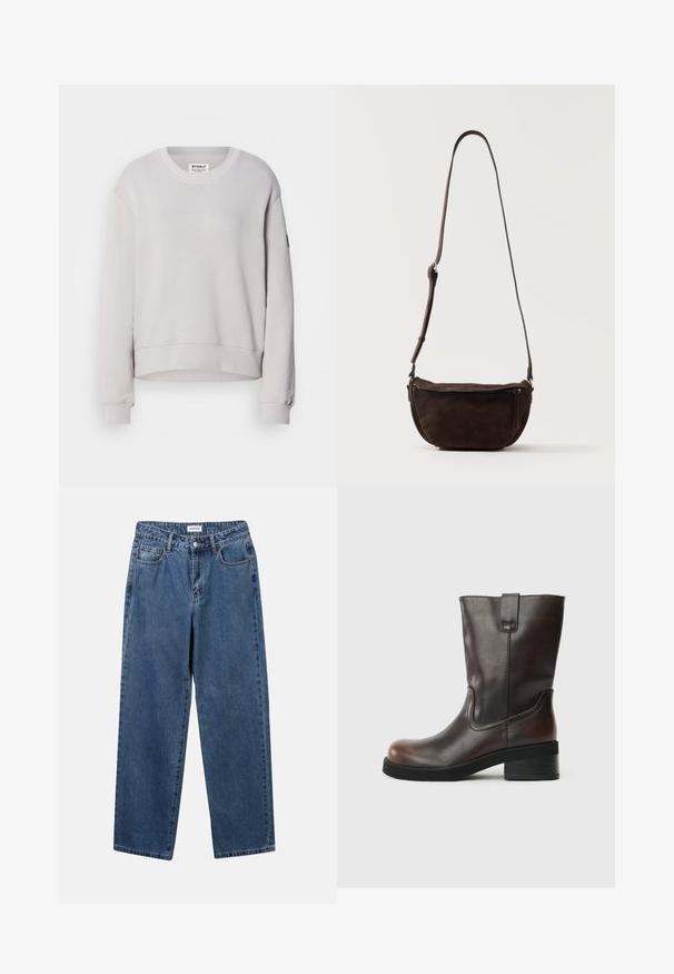 Sudadera gris claro con cuello redondo, mangas largas, puños acanalados y un dobladillo ligeramente corto. Presenta costuras frontales sutiles.; Jeans de mezclilla azul clásico con un diseño de pierna recta, cinco bolsillos y cierre de botón. Presenta un lavado medio y una textura resistente.; Bota de cuero marrón hasta el tobillo con punta redondeada, tacón bloque de altura media y sutiles detalles de costura. Presenta una pestaña lateral para facilitar el uso.; Bolso bandolera de ante marrón oscuro con una correa ajustable y un bolsillo delantero con cremallera, colocado contra un fondo claro y liso.