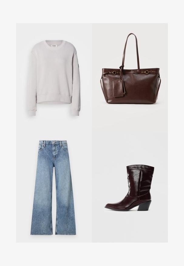 Lys grå sweatshirt med rund hals, lange ærmer, ribbede manchetter og en let cropped kant. Har diskret syning foran.; Lyseblå, vidtbens denimjeans med forlommer, bæltestropper, knappelukning og falmet detaljer.; Bordeaux læder ankelstøvler med spids tå, tekstureret overflade og en lav, taperet hæl. Har diskrete søm og en tætsiddende pasform.; Mørkebrun lædertaske med to lange håndtag, dekorative guldringe og fastgjort rektangulær pung med lynlås.