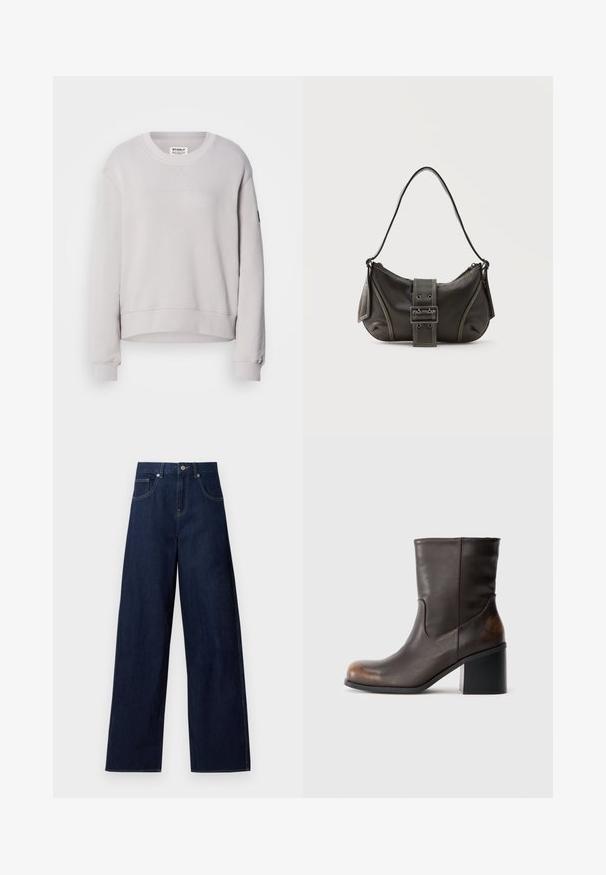 Lys grå sweatshirt med rund hals, lange ærmer, ribbede manchetter og en let cropped kant. Har diskret syning foran.; Mørkeblå vidde jeans med knaplukning foran og lommer, vist fladt mod en hvid baggrund.; Mørkebrune læderstøvler til midt på læggen med rund tå og blokhæl, der viser subtile slidte detaljer på tå- og hælområder.; Sort læder skuldertaske med spænde på remmen, afrundede kanter og kontrasterende hvide syninger på en ensfarvet baggrund.