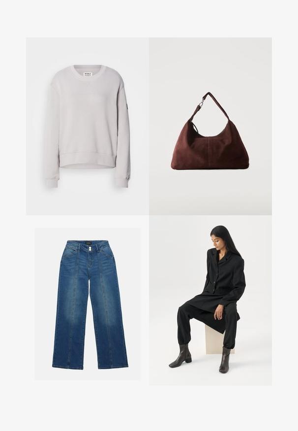 Sudadera gris claro con cuello redondo, mangas largas, puños acanalados y un dobladillo ligeramente corto. Presenta costuras frontales sutiles.; Jeans de mezclilla azul de pernera ancha con cintura alta, que presentan dos botones, bolsillos frontales y costuras contrastantes en la parte delantera.; Mujer con cabello largo y oscuro sentada, vistiendo un blazer negro holgado, pantalones anchos a juego y botas oscuras hasta el tobillo sobre un fondo blanco liso.; Bolso de hombro de ante marrón suave con una sola correa y herrajes de metal plateado sobre un fondo claro y liso.