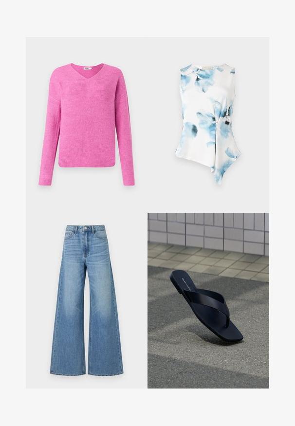 Roze geribde gebreide trui met een v-hals, lange mouwen en een relaxte pasvorm. Gemaakt van zacht materiaal en met een gestructureerd patroon.; Mouwloze blouse met een asymmetrische zoom, gemaakt van een soepele, lichte stof. Heeft een aquarel bloemenpatroon in blauwe tinten op een witte achtergrond.; Lichtblauwe, hoge taille, wijde jeans met knoop- en ritssluiting, voorzakken en subtiele vervaging op de dijen.; Zwarte teenslipper met vierkante neus en merknaam op het voetbed, rechtop geplaatst op gestructureerde bestrating nabij betegelde muur.