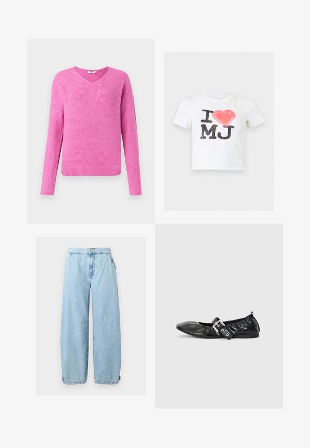 Roze geribde gebreide trui met een v-hals, lange mouwen en een relaxte pasvorm. Gemaakt van zacht materiaal en met een gestructureerd patroon.; Witte korte mouwen shirt met "I" en "MJ" in zwarte letters en een rood hartje ertussen aan de voorkant.; Lichtblauwe denim jeans met wijde pijpen, knoop- en ritssluiting, zijzakken en verstelbare koordjes bij de enkels.; Zwarte leren platte schoen met een spitse neus, geplooide details rond de opening en een zilveren gespaccentueerde verstelbare band.