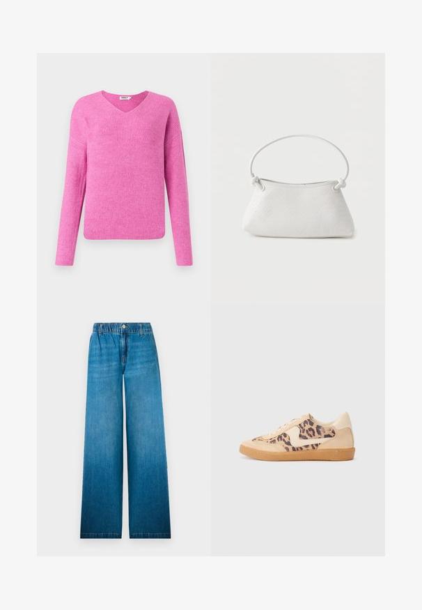 Roze geribde gebreide trui met een v-hals, lange mouwen en een relaxte pasvorm. Gemaakt van zacht materiaal en met een gestructureerd patroon.; Wijdere jeans van lichtblauwe denim, met een elastische tailleband, een knoopsluiting en een recht gesneden ontwerp met een vervaagd effect.; Luipaardprint sneakers met een beige suède bovenkant, tan rubberen zool en witte accenten. Ronde neus en vetersluiting met een gestructureerde afwerking.; Witte handtas van gevlochten leer met een afgeronde handgreep en uiteinden van de band die geknoopt zijn, afgebeeld tegen een effen achtergrond.