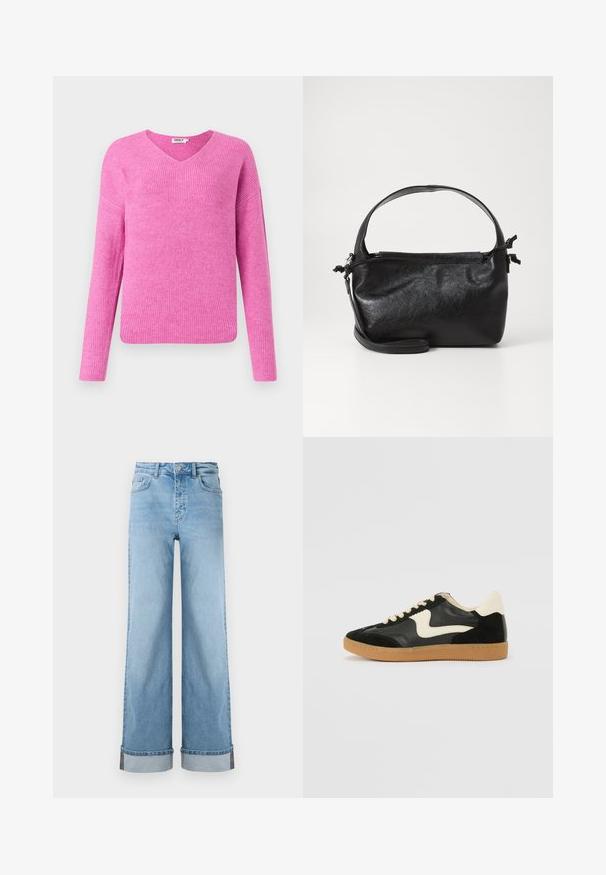 Lyserød ribbet striktrøje med v-udskæring, lange ærmer og en afslappet pasform. Lavet af blødt materiale og med et struktureret mønster.; Lyseblå, vide jeans i klassisk denim med høj talje, prydet med opbrettede kanter og synlig søm.; Sorte ruskinds- og lædersneakers med en cremefarvet side-swoosh og lys cremefarvet hæl. Har beige snørebånd og en gummirubber-sål.; Sort læderhåndtaske med et struktureret design, rund tophåndtag og aftagelig skulderrem. Den har en glat tekstur og en subtil glans.