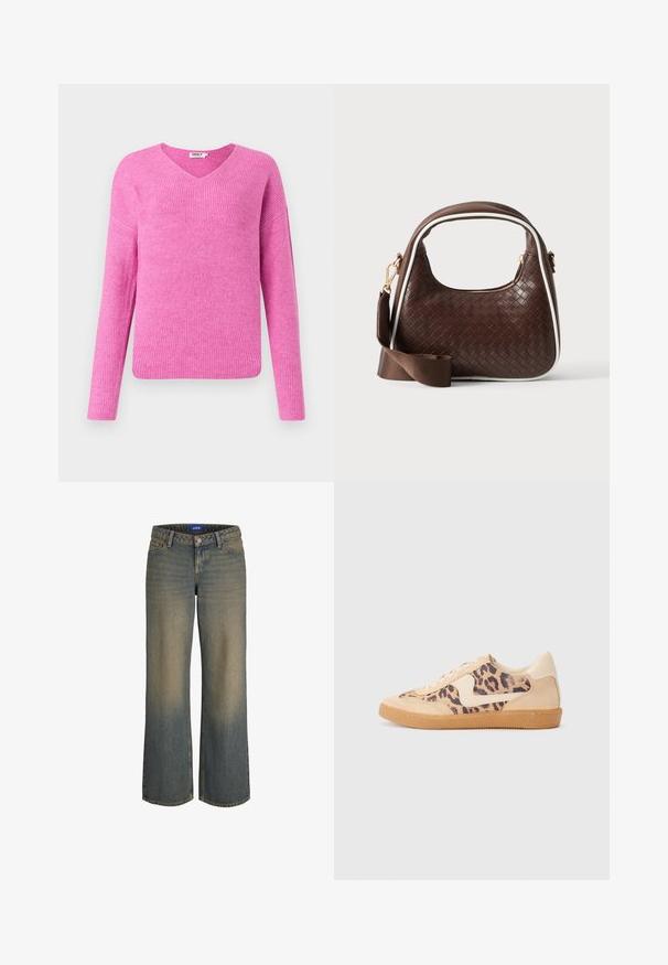 Lyserød ribbet striktrøje med v-udskæring, lange ærmer og en afslappet pasform. Lavet af blødt materiale og med et struktureret mønster.; Bredde ben blå denim jeans med en lys til mørk gradient, fem-lomme design og lukning med knap. Syede detaljer på kanterne.; Leopardprint sneakers med beige ruskindsoverdel, tan gummisål og hvide detaljer. Rund pegefinger og snørebåndsdesign med en tekstureret finish.; Brun vævet læderhåndtaske med hvid piping, guldfarvet lynlås og aftagelig brun stofskulderrem.
