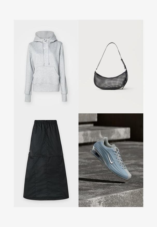 Grå pullover-hoodie med snøre i hætten, frontlomme og ribbehænder. Har en lille hvid Nike-logo på brystet.; Sort atletisk nederdel lavet af let, glat nylonstof. Har elastisk taljebånd og et enkelt, langt, A-formet design.; Lyseblå og grå Nike sportssko med synlig luftsålpolstring, svævende over en betonoverflade med trin i baggrunden.; Lille sort mesh skuldertaske i halvmåneform med justerbar tynd rem, sat mod en ensfarvet lys baggrund.