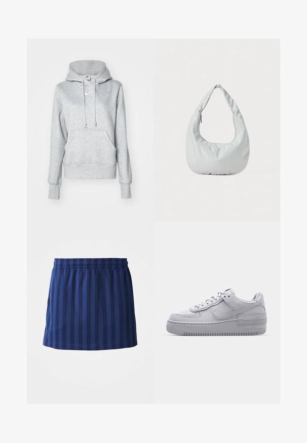 Grå pullover-hoodie med snøre i hætten, frontlomme og ribbehænder. Har en lille hvid Nike-logo på brystet.; Mørkeblå nederdel med lodrette striber, elastisk talje, længde til midten af låret, lavet af letvægtsstof, glat tekstur.; Grå Nike Air Force 1 sneakers med perforeret tå, glat læderoverdel, tyk sål og præget 'AIR' detalje på hælen.; Blød, lys grå hobo-taske lavet af syntetisk materiale. Har et enkelt polstret håndtag og en lynlåslomme på siden.