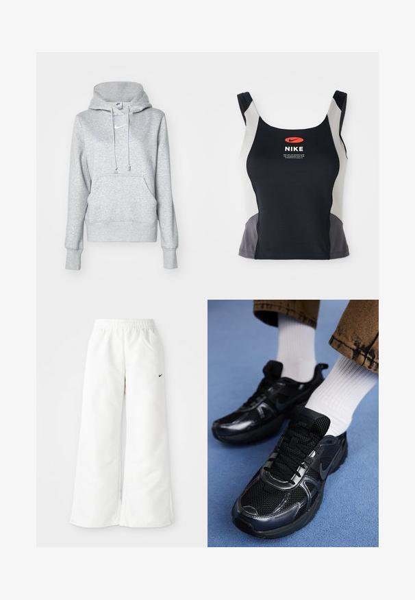 Grå pullover-hoodie med snøre i hætten, frontlomme og ribbehænder. Har en lille hvid Nike-logo på brystet.; Sorte og grå atletisk tanktop med rund halsudskæring, smalle stropper og et centralt orange Nike-logo trykt på forsiden.; Hvide atletiske bukser med et bredbenet design, elastisk talje og et lille sort Nike-logo på venstre side. Glat, let materiale.; Sorte Nike-sneakers med mesh og syntetisk materiale, der har en struktureret overdel, sorte snørebånd og holdbare gummisåler. Hvide ribstrikkede sokker er synlige.