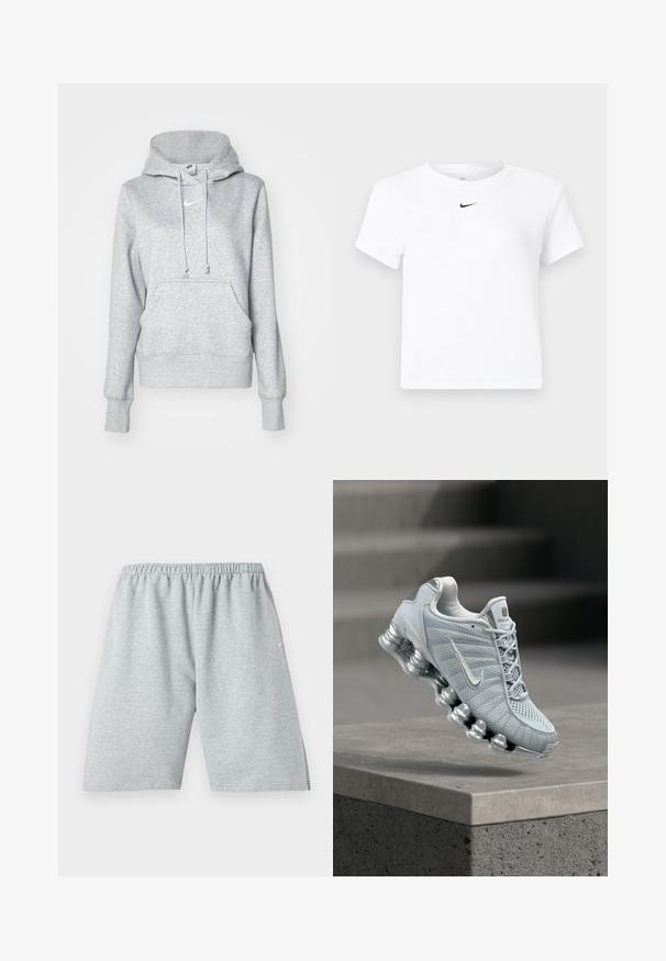 Grijze pullover hoodie met een capuchon met trekkoord, een voorzak en geribbelde manchetten. Voorzien van een klein wit Nike-logo op de borst.; Witte Nike cropped T-shirt met korte mouwen en een kleine zwarte Nike swoosh-logo, gecentreerd onder de halslijn.; Lichtgrijze atletische shorts tot over de knie met elastische tailleband en klein wit logo op het linkerbeen.; Lichtgrijze Nike hardloopschoen met gedempte veerachtige zool die boven een betonnen richel zweeft, wazige trapachtergrond.