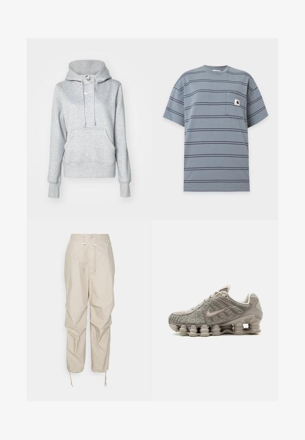 Harmaa huppari, jossa on kiristysnauhallinen huppu, etutasku ja resorit hihansuissa. Rinnassa pieni valkoinen Nike-logo.; Sininen lyhythihainen T-paita, jossa ohuita mustia vaakaraitoja ja rintatasku, jossa pieni valkoinen logopläyski.; Beige hyötyhousut, joissa on säätönyöri vyötäröllä, nappisulku ja kapenevat lahkeet. Valmistettu kevyestä, sileäpintaisesta materiaalista.; Vaalean beige Nike Shox -tennari, jossa näkyvä pylvään muotoinen iskunvaimennus ja verkkoyläosa.