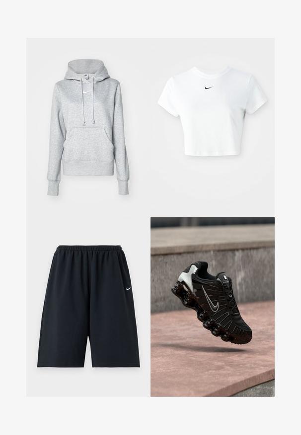 Grå pullover-hoodie med snøre i hætten, frontlomme og ribbehænder. Har en lille hvid Nike-logo på brystet.; Hvid kortærmet t-shirt lavet af bomuld, med korte ærmer og rund halsudskæring, og med et sort Nike-logo på brystet.; Sorte Nike atletikshorts med elastisk taljebånd og lille hvid Swoosh-logo på højre lår, vist mod en ensfarvet baggrund.; Sort atletiksko med tekstureret mesh-overdel, sølvfarvede detaljer og en tyk, blank sort sål med afrundede polstrede elementer.