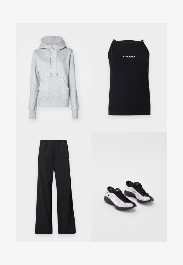 Grå pullover-hoodie med snøre i hætten, frontlomme og ribbehænder. Har en lille hvid Nike-logo på brystet.; Sort ærmeløs haltertop med smalle stropper og "Dickies" trykt i beige centralt på brystet mod en ensfarvet lys baggrund.; Sorte løstsiddende sportbukser med elastisk taljebånd og lille hvid Nike-swoosh på venstre lår, vist på en hvid baggrund.; Nike sneakers med en perforeret hvid overdelt, sorte accenter, en rund tå og en tyk sort sål med grønne accenter.