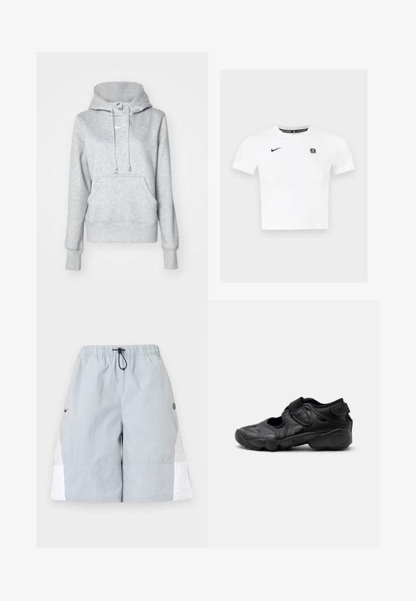 Hall halli pusakaga kapuutsiga, ees tasku ja soonilised mansetid. Rinnal väike valge Nike logo.; Valge lühikeste varrukatega t-särk, millel on ümmargune kaelus, must Nike logo vasakul rinnal ja graafiline etikett krae sees.; Helehallid spordipüksid valgete küljetaskute, elastse vöörihma ja musta paelasilmusega, esitletud lihtsalt taustal.; Mustad sportlikud sandaalid suletud varbaga, takjakinnitused sääre keskosas ja kandadel ning paks pehmendusega tald, millel külgmisel küljel kiri "AIR".