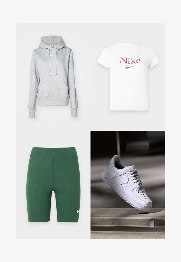 Grå pullover-hoodie med snøre i hætten, frontlomme og ribbehænder. Har en lille hvid Nike-logo på brystet.; Hvid kortærmet t-shirt med rød "Nike" tekst og en leopardprint Nike swoosh-logo centralt på brystet.; Grønne atletikshorts lavet af stretchstof. Højtaljet design med flade syninger og en hvid Nike-logo på nederste venstre ben.; Hvid Nike Air Force 1 sneaker svævende over en betonoverflade med skygger i et minimalistisk miljø.