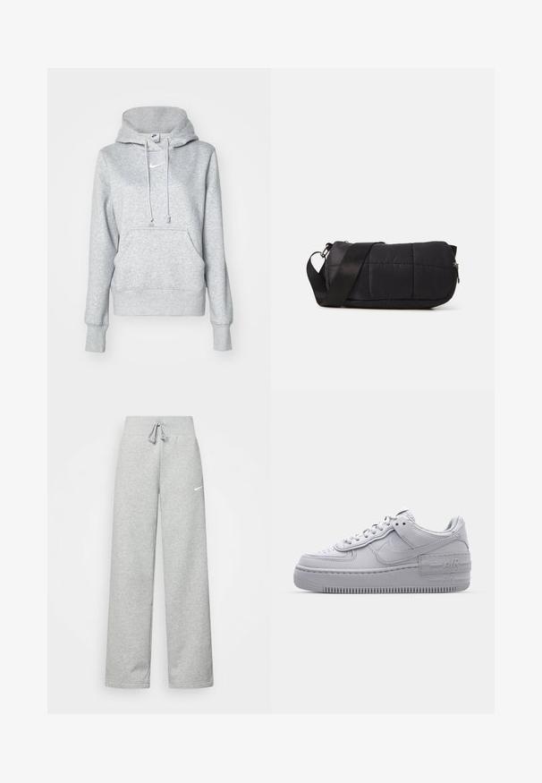 Hall halli pusakaga kapuutsiga, ees tasku ja soonilised mansetid. Rinnal väike valge Nike logo.; Hallide higi värvi spordipüksid, elastse vöökoht ja paelaga detail, millel on vasakul reiel väike valge Nike logo. Pehme kangas, laiem lõige.; Hallitus hallid Nike Air Force 1 sneakerid, millel on augustatud varvas, siledast nahast ülemine osa, paks tall ning reljeefne 'AIR' detail kontsapadjal.; Must värvitud kott, millel on silindriline kuju, valmistatud pehmest materjalist. Omab musta rihma ja hõbedast detailide. Lukuga sulgemine.