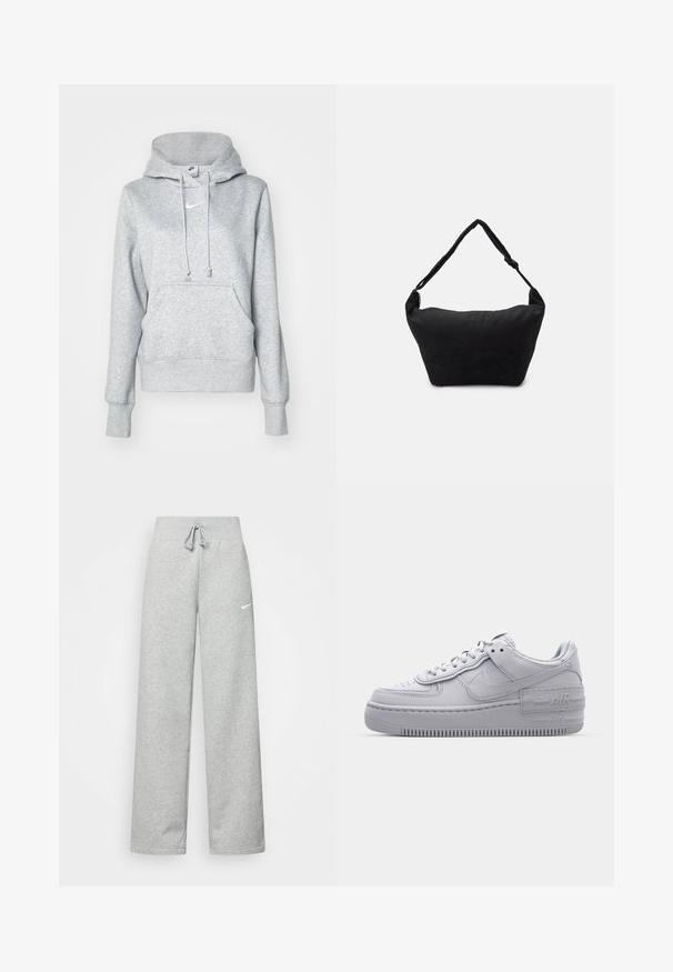 Grå pullover-hoodie med snøre i hætten, frontlomme og ribbehænder. Har en lille hvid Nike-logo på brystet.; Grå sweatpants med elastisk talje, snor detaljer og et lille hvidt Nike-logo på venstre lår. Blødt stof, løs pasform.; Grå Nike Air Force 1 sneakers med perforeret tå, glat læderoverdel, tyk sål og præget 'AIR' detalje på hælen.; Sort stof skuldertaske med en blød tekstureret overflade, rund form og en enkelt rem. Minimalistisk design uden synligt hardware eller accenter.