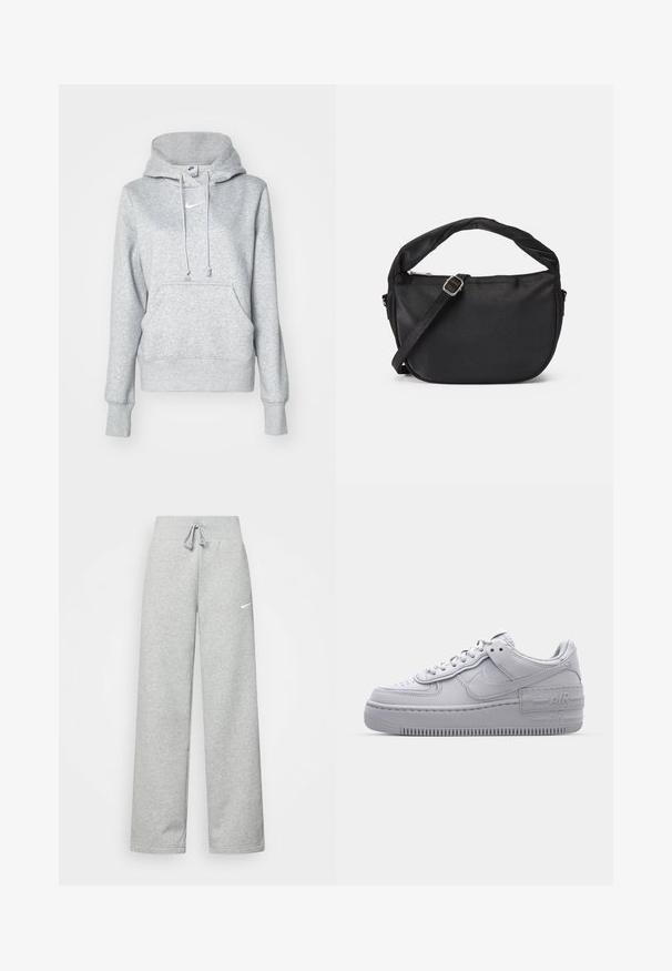 Hall halli pusakaga kapuutsiga, ees tasku ja soonilised mansetid. Rinnal väike valge Nike logo.; Hallide higi värvi spordipüksid, elastse vöökoht ja paelaga detail, millel on vasakul reiel väike valge Nike logo. Pehme kangas, laiem lõige.; Hallitus hallid Nike Air Force 1 sneakerid, millel on augustatud varvas, siledast nahast ülemine osa, paks tall ning reljeefne 'AIR' detail kontsapadjal.; Must mustra kott, millel on keerdkäepide, eemaldatav rihm ja lukuga pealmine sulgur. Sile tekstuur ja minimalistlik disain.