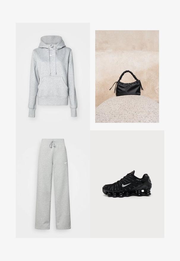 Hall halli pusakaga kapuutsiga, ees tasku ja soonilised mansetid. Rinnal väike valge Nike logo.; Hallide higi värvi spordipüksid, elastse vöökoht ja paelaga detail, millel on vasakul reiel väike valge Nike logo. Pehme kangas, laiem lõige.; Must Nike sportlik jalanõu hõbedase Swooshi logoga, võrgust ja sünteetilisest materjalist pealiskattega ning iseloomuliku segmentidega polsterdatud tallaga.; Must kurruline käekott korjatud sangaga, mis toetub tekstuurse kivikuuli peale beeži betoonseina taustal.