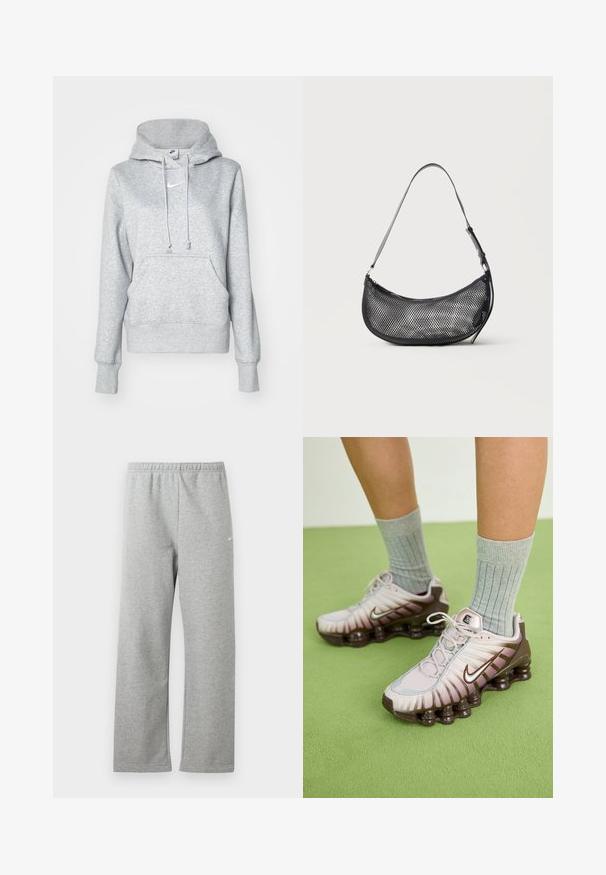 Hall halli pusakaga kapuutsiga, ees tasku ja soonilised mansetid. Rinnal väike valge Nike logo.; Heledat hallid dressipüksid elastse vöökohaga ja väike valge Nike logo ülereiel, kuvatud valgel taustal lahtilainetavana.; Nike tossud heledas roosas ja pruunides toonides, millel on tekstureeritud pealmine osa, kihiline disain ja pehmendatud tallaosa nähtavate õhuühikutega.; Väike must võrkmaterjalist õlakott poolkuu kujuga ja reguleeritava õhukese rihmaga, ühtlase hele taustaga.