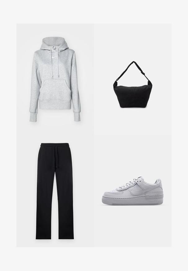 Grå pullover-hoodie med snøre i hætten, frontlomme og ribbehænder. Har en lille hvid Nike-logo på brystet.; Sorte sweatpants med lige ben, elastik i taljen og justerbar snor foran, vist fladt på en lys baggrund.; Grå Nike Air Force 1 sneakers med perforeret tå, glat læderoverdel, tyk sål og præget 'AIR' detalje på hælen.; Sort stof skuldertaske med en blød tekstureret overflade, rund form og en enkelt rem. Minimalistisk design uden synligt hardware eller accenter.