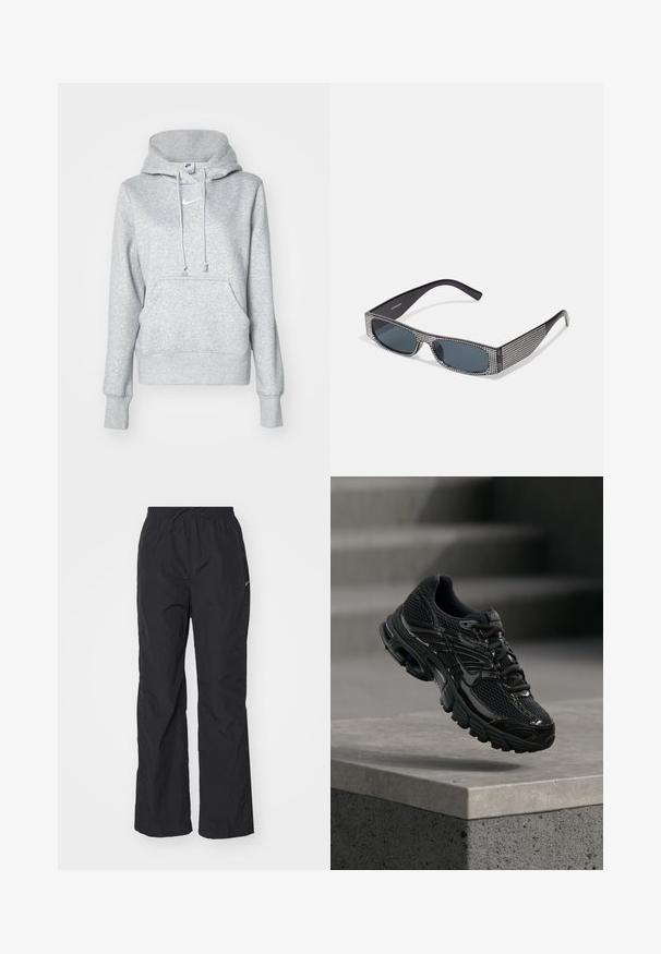 Sivá mikina s kapucňou na šnúrku, predným vreckom a rebrovanými manžetami. Na hrudi má malý biely logo Nike.; Čierne, ľahké nohavice s elastickým pásom a šnúrkou. Majú textúrovaný povrch a malú reflexnú nášivku na boku.; Čierna bežecká topánka Nike s sieťovinovou a syntetickou vrchnou časťou vznášajúca sa nad betónovým povrchom a schodíkmi v pozadí.; Čierne slnečné okuliare s šedými sklami, so sieťovým vzorom malých kovových kamienkov pozdĺž rámov. Hladký povrch, ostrý dizajn.