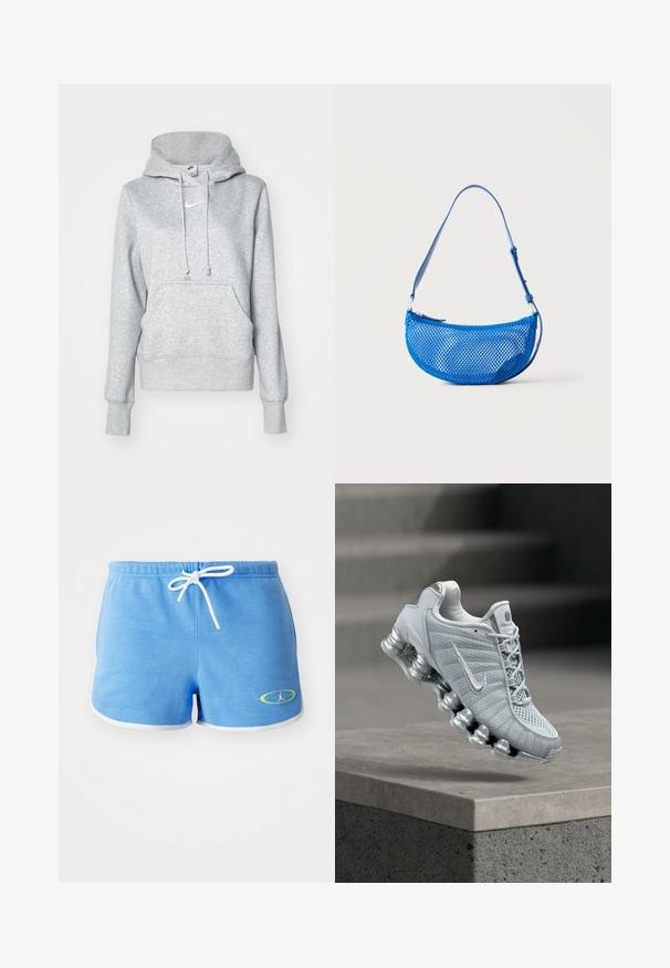 Pelēks sporta džemperis ar kapuci, kas regulējama ar auklu, priekšējo kabatu un ribotas aproces. Uz krūtīm neliels balts Nike logotips.; Gaiši zili kokvilnas šorti ar baltu aukliņu, ar baltu apdari un zaļā tonī akcentētu logo kreisajā apakšējā stūrī.; Gaiši pelēka Nike skriešanas apava ar amortizētu atsperu zoli, peldoša virs betona maliņas, aizkapa.fons ar neskaidriem kāpņu attēliem.; Zils tīkliņveida plecu soma ar regulējamu siksnu un rāvējslēdzēja aizdari, redzama uz vienkārša balta fona.