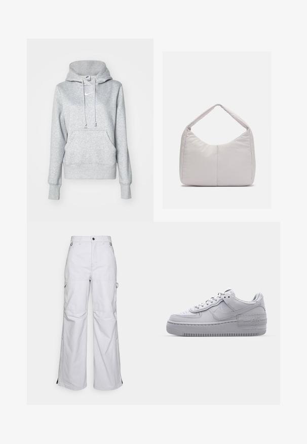 Sivá mikina s kapucňou na šnúrku, predným vreckom a rebrovanými manžetami. Na hrudi má malý biely logo Nike.; Svetlošedé široké nohavice s cargo strihom, prednými vreckami, pútkami na opasok, bočnými zipsovými vreckami, prešitými detailmi na kolenách a kovovými krúžkovými akcentami na páse.; Šedé tenisky Nike Air Force 1 s perforovanou špičkou, hladkým koženým zvrškom, hrubou podrážkou a embosovaným detailom 'AIR' na päte.; Svetlosivá vystužená ramenná taška s zakriveným tvarom, ktorá má jedno držadlo a hladký, textúrovaný povrch. Jednoduchý dizajn bez ďalších kovových častí.