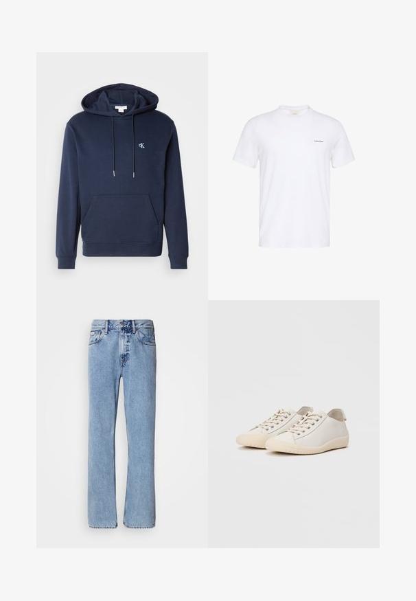 Sudadera de color azul marino con capucha ajustable, bolsillo canguro en la parte delantera, puños acanalados y un pequeño logo blanco en el pecho. Diseño clásico.; Camiseta blanca de manga corta con cuello redondo y pequeño logo negro de Calvin Klein en el lado izquierdo del pecho.; Jeans de mezclilla azul claro con un diseño de pierna recta, cinco bolsillos y cierre de botón. Detalles de costura cerca de los bolsillos y la cintura.; Zapatillas blancas de cuero liso con costuras al tono, cierre de cordones, puntera redondeada y suela de goma texturizada.
