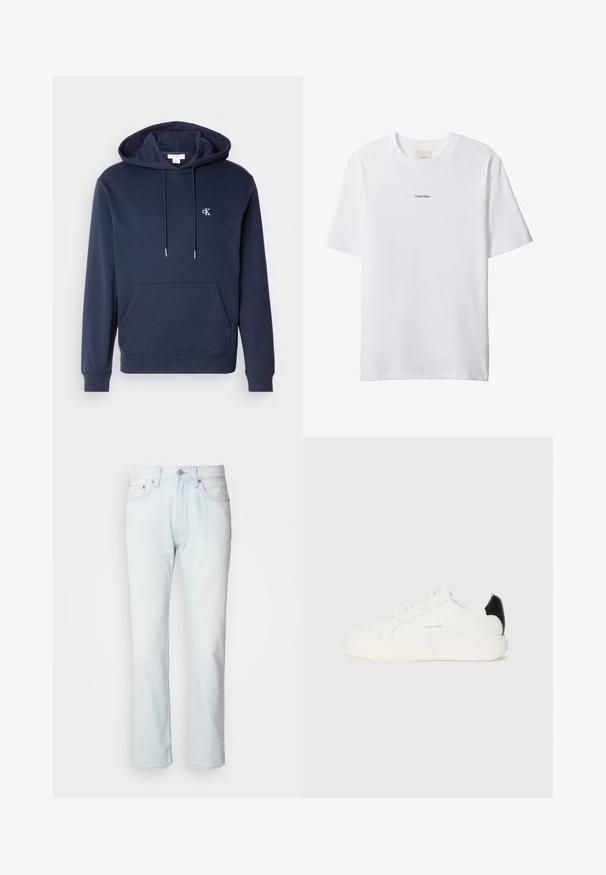 Navyfarbener Hoodie mit Kordelzugkapuze, vordertasche, gerippten Bündchen und einem kleinen weißen Logo auf der Brust. Klassisches Design.; Weißes Baumwoll-T-Shirt mit Rundhalsausschnitt und kurzen Ärmeln. Auf der Brust zentriert befindet sich ein kleines schwarzes "Calvin Klein"-Logo.; Hellblaue Jeans mit geradem Bein. Verfügt über einen Knopfverschluss und Gürtelschlaufen, präsentiert eine ausgebleichte Textur und minimale Nähte.; Weiße Ledersneaker mit einem schwarzen Akzent an der Ferse, runden Zehen, flachen Schnürsenkeln und einer dicken weißen Sohle. Calvin Klein Logo angebracht.