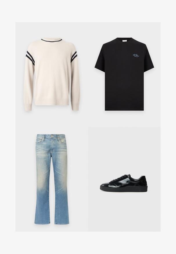 Pull beige clair en matière douce, avec un col rond, des poignets côtelés et des rayures noires le long des épaules pour les détails.; T-shirt en coton noir à manches courtes, avec un petit logo bleu brodé sur la poitrine gauche et un col rond.; Jean évasé en denim bleu clair avec une finition délavée, design à cinq poches, fermeture par bouton en métal et ourlets droits.; Baskets en cuir verni noir avec un bout arrondi, un laçage, une semelle en caoutchouc texturé et une finition lisse.