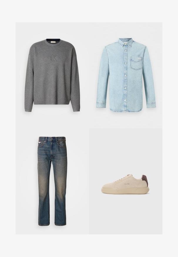 Grijze gebreide sweatshirt met een ronde hals, voorzien van een reliëf "ck" logo op de borst en geribde manchetten. Zachte textuur, ontspannen pasvorm.; Lichtblauw denim overhemd met lange mouwen, knoopsluiting aan de voorkant, een borstzak met Calvin Klein-logo en puntige kraag.; Hoge taille blauwe spijkerbroek van denim, met een rechte pijpontwerp, vervaagde versleten plekken en traditionele vijf-pocket styling.; Beige suède sneakers met een ronde neus, vetersluiting aan de voorkant en een bruine suède accent op de hiel. Beschikt over een gestructureerde rubberen zool.