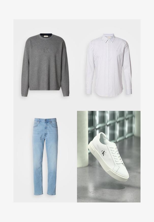 Grijze gebreide sweatshirt met een ronde hals, voorzien van een reliëf "ck" logo op de borst en geribde manchetten. Zachte textuur, ontspannen pasvorm.; Calvin Klein SLIM FIT - Overhemd - gray marble; Lichtblauwe denim jeans met een rechte pasvorm, vijf zakken en riemlussen. De stof heeft een gladde textuur met een lichte vervaging.; Witte Calvin Klein sneaker met veters, zwevend getoond boven een gepolijste betonnen vloer en een achtergrond van glasblokken.