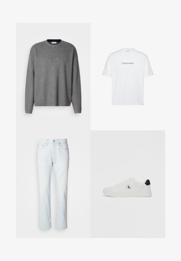 Grauer Strickpullover mit Rundhalsausschnitt, der ein geprägtes "ck"-Logo auf der Brust und gerippte Bündchen trägt. Weicher Stoff, lockere Passform.; Weißes Baumwoll-T-Shirt mit kurzen Ärmeln. Es verfügt über einen Rundhalsausschnitt und ein graues, aufgedrucktes "Calvin Klein"-Logo auf der Brust.; Hellblaue Jeans mit geradem Bein. Verfügt über einen Knopfverschluss und Gürtelschlaufen, präsentiert eine ausgebleichte Textur und minimale Nähte.; Weißer Sneaker mit glattem Lederobermaterial, runder Zehenpartie, schwarzem Fersenakzent und "CK"-Logo an der Seite. Verfügt über ein Schnürdesign und eine flache Sohle.