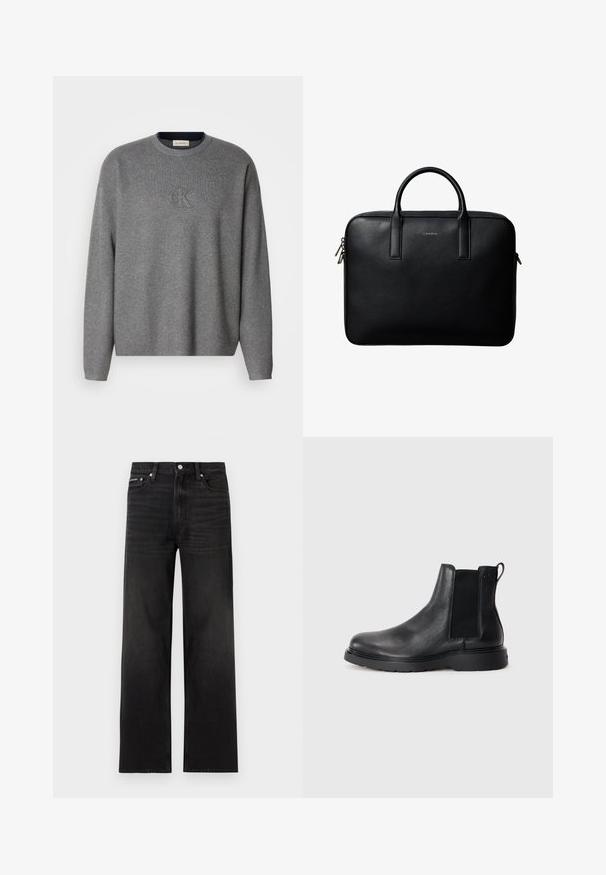 Grauer Strickpullover mit Rundhalsausschnitt, der ein geprägtes "ck"-Logo auf der Brust und gerippte Bündchen trägt. Weicher Stoff, lockere Passform.; Schwarze Jeans mit geraden Beinen, fünf Taschen, Gürtelschlaufen und Knopfverschluss, auf weißem Hintergrund dargestellt.; Schwarze Leder-Chelsea-Boots mit strukturiertem Finish, elastischen seitlichen Einsätzen und einer robusten Gummisohle. Dezentes Branding an der Ferse.; Schwarze strukturierte Lederaktentasche mit zwei Griffen und silbernen Reißverschlussanhängern, zentriert auf weißem Hintergrund.