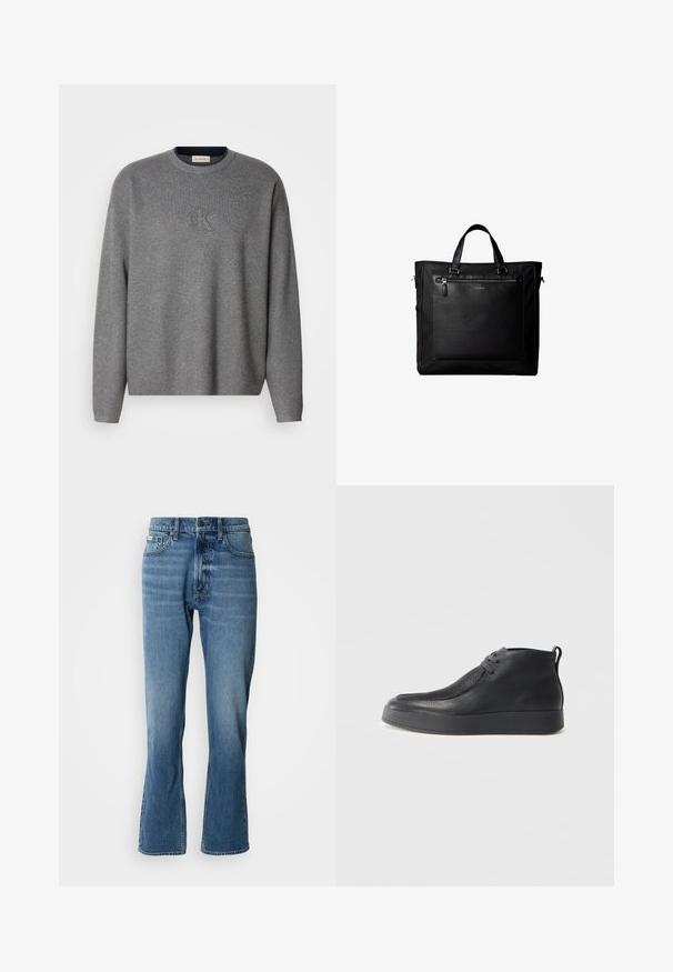Grauer Strickpullover mit Rundhalsausschnitt, der ein geprägtes "ck"-Logo auf der Brust und gerippte Bündchen trägt. Weicher Stoff, lockere Passform.; Hellblaue Denim-Jeans mit geradem Schnitt und leicht ausgestelltem Bein. Verfügt über fünf Taschen, einen Knopfverschluss und dezente Waschungseffekte.; Schwarze Leder-Ankle-Boots mit strukturiertes Obermaterial, Schnürung vorne, Zugschlaufe an der Ferse und dicke Gummisohle vor einem hellen Hintergrund.; Schwarze Tragetasche mit Doppelgriffen, großer vorderer Ledertasche mit Reißverschluss und dezentem Calvin Klein-Logo in der Mitte der Tasche.