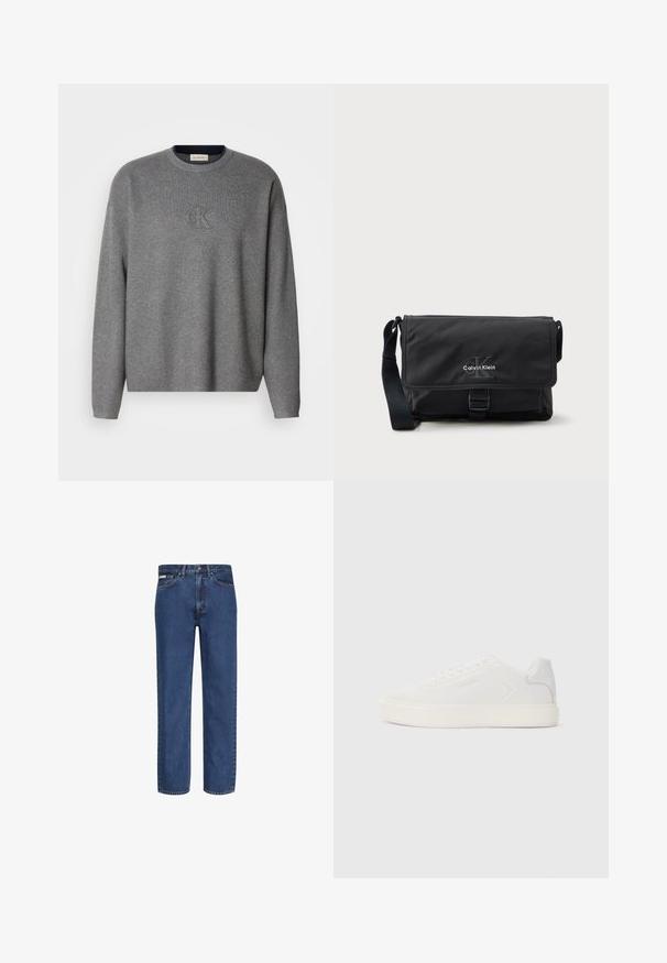 Grauer Strickpullover mit Rundhalsausschnitt, der ein geprägtes "ck"-Logo auf der Brust und gerippte Bündchen trägt. Weicher Stoff, lockere Passform.; Blaue Jeans mit geradem Bein aus Denim, mit fünf Taschen, einem Knopf- und Reißverschluss sowie dezenter Verblassung am Stoff.; Weißer Sneaker mit glattem, synthetischem Obermaterial, runder Zehenpartie und flacher, weißer Sohle. Verfügt über tonales Nähen und eine minimalistische Markierung an der Seite.; Schwarze Umhängetasche aus strapazierfähigem Stoff, ausgestattet mit Klappe, vorderem Schnallenverschluss und Calvin Klein-Logo in Silber. Verstellbarer Riemen inklusive.