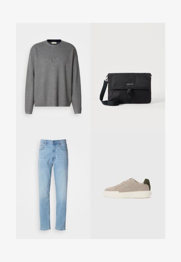 Sweatshirt en tricot gris avec un col rond, présentant un logo "ck" en relief sur la poitrine et des poignets côtelés. Texture douce, coupe décontractée.; Jean en denim bleu clair avec une coupe droite, cinq poches et passants de ceinture. Le tissu présente une texture lisse avec un léger effet dégradé.; Baskets en suède beige avec une semelle en caoutchouc blanche, présentant un accent de talon vert foncé et une branding subtile sur le côté.; Sac messager noir Calvin Klein avec bandoulière réglable et rabat avant sécurisé par une boucle, présenté sur un fond uni.