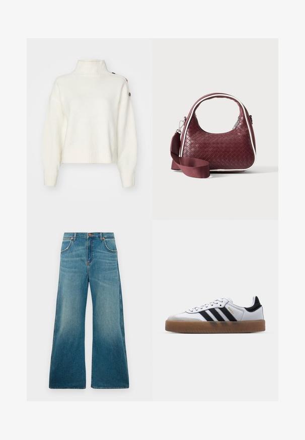 Pull blanc et duveteux avec un col montant à côtes, des manches larges et un ourlet côtelé. Présente des boutons sur l'épaule pour un détail supplémentaire.; Jeans en denim bleu taille haute avec jambes larges, poches avant, fermeture à bouton et dégradé de couleur usé allant de la taille à l'ourlet.; Baskets en cuir blanc avec des rayures noires, semelle extérieure en caoutchouc beige, bout rond, fermeture lacée et embout en suède gris doux.; Sac à main en cuir tressé marron foncé avec poignée courbée, garniture blanche, fermeture éclair argentée et bandoulière large en tissu amovible sur fond uni.