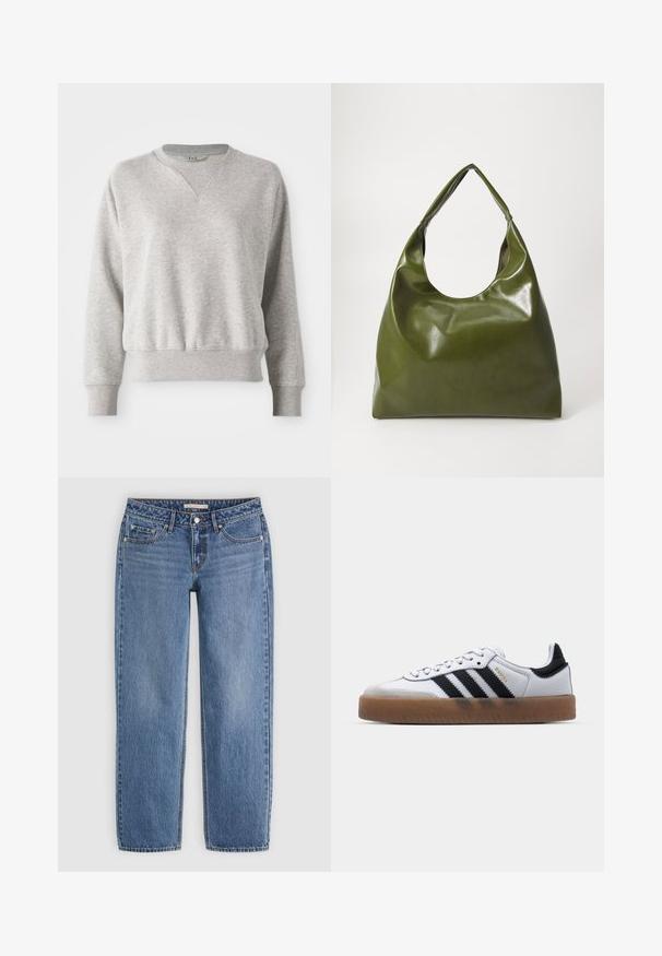 Lichtgrijze sweatshirt met een ronde hals en geribbelde afwerking. Heeft een ontspannen pasvorm en een lichte geribbelde textuur bij de mouwen en taille.; Blauwe high-waist rechte denim jeans met voorste knoop, rits, riemlussen en vijf zakken op een lichte achtergrond.; Witte leren sneakers met zwarte strepen, gumrubberen buitenzool, ronde neus, vetersluiting en een zachte grijze suède neuskap.; Groene leren hobotas met een slordig ontwerp, gebogen handvat en een gladde textuur. Bevat geen zichtbare hardware of accenten.