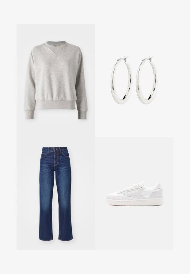 Lys grå sweatshirt med rund halsudskæring og ribbet kant. Har en afslappet pasform og en let ribbet tekstur ved manchetter og talje.; Mørkeblå denimjeans med høj talje, bred benudskæring, subtile slidmærker og kontrastsyninger. Metalknap og lynlås lukning.; Hvid lav Reebok-sneaker med ruskindsoverlejringer, snøredesign og tekstureret gummisål på en simpel lys baggrund.; Sølvøreringe i form af hoops med en glat, blank finish. Cirkulær form, der har en sikker lås. Simpelt og elegant design.