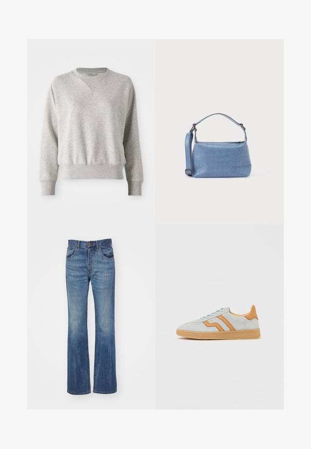Lys grå sweatshirt med rund halsudskæring og ribbet kant. Har en afslappet pasform og en let ribbet tekstur ved manchetter og talje.; Flares blå denim jeans med en medium vask, der har høj talje, bæltestropper og forlommer. Glat tekstur med minimal slid.; Lysegrå ruskindssneaker med brune læderdetaljer, gummisål og lyseblå snørebånd, vist fra siden på en hvid baggrund.; Lyseblå taske med krokodillepræg, kort håndtag og aftagelig skulderrem. Glat tekstur med lynlås.