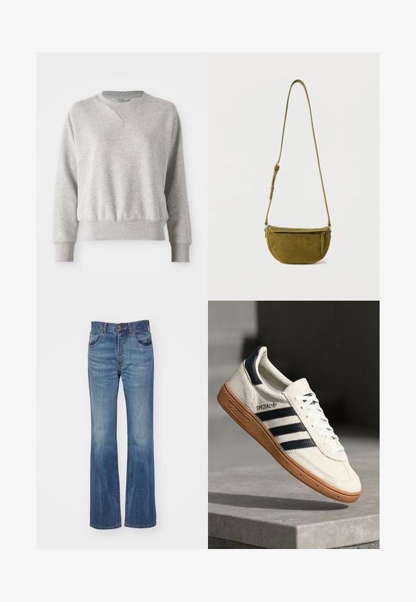 Lys grå sweatshirt med rund halsudskæring og ribbet kant. Har en afslappet pasform og en let ribbet tekstur ved manchetter og talje.; Flares blå denim jeans med en medium vask, der har høj talje, bæltestropper og forlommer. Glat tekstur med minimal slid.; Hvide ruskinds sneakers med marineblå striber, gummisål, struktureret overdel, rund tå og snøring; har branding på siden og tungen.; Olivengrøn ruskind skuldertaske med justerbar rem og lynlåslomme foran på ensfarvet hvid baggrund.