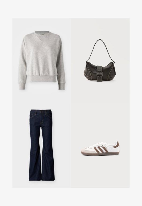 Lys grå sweatshirt med rund halsudskæring og ribbet kant. Har en afslappet pasform og en let ribbet tekstur ved manchetter og talje.; Mørkeblå denimjeans med vide ben, frontknap og lynlås, samt fem-lomme-design med kontrastsyning.; Hvid Adidas Samba sneaker med brune ruskindstriber, brun gummisål og beige ruskindståhætte, vist fra ydersiden på en ensfarvet baggrund.; Sort læder skuldertaske med spænde på remmen, afrundede kanter og kontrasterende hvide syninger på en ensfarvet baggrund.